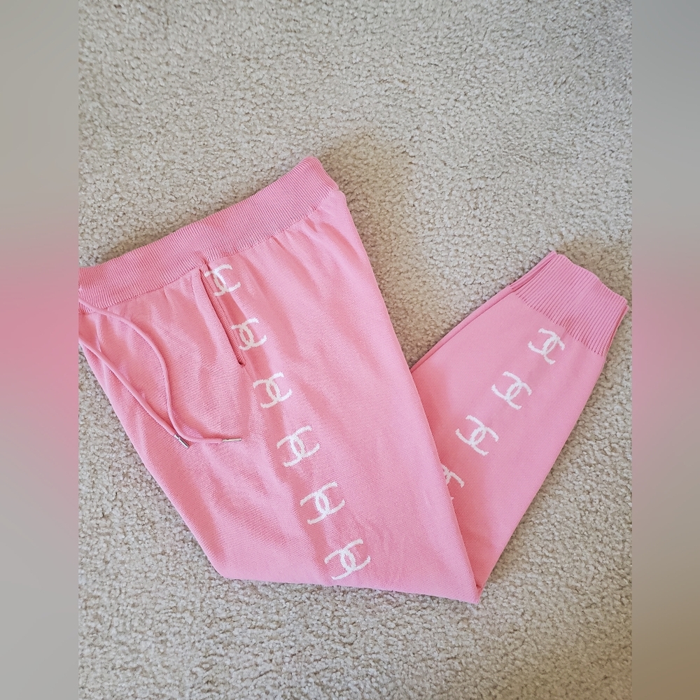 Pink Knit Joggers with White Logo Detail Women's Pant Size Small